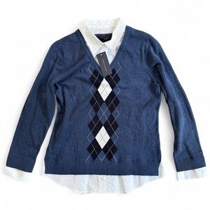 NWT Tommy Hilfiger Womens Cotton Argyle Print Layered Look Sweater